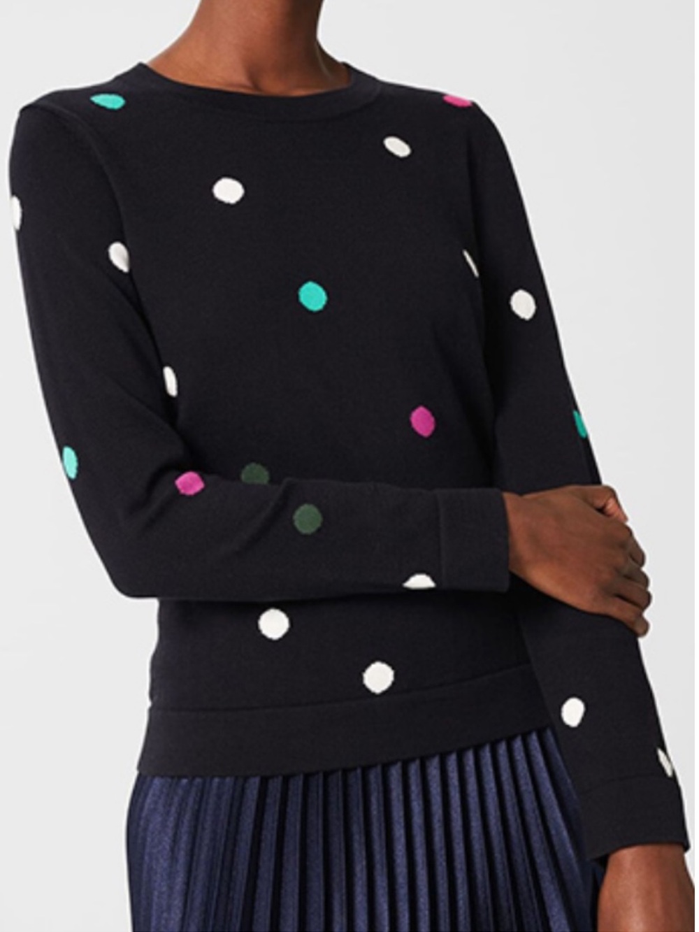 Hobbs London Women’s Amelia Navy Cotton Spot Print Sweater Big Polka Dots Medium